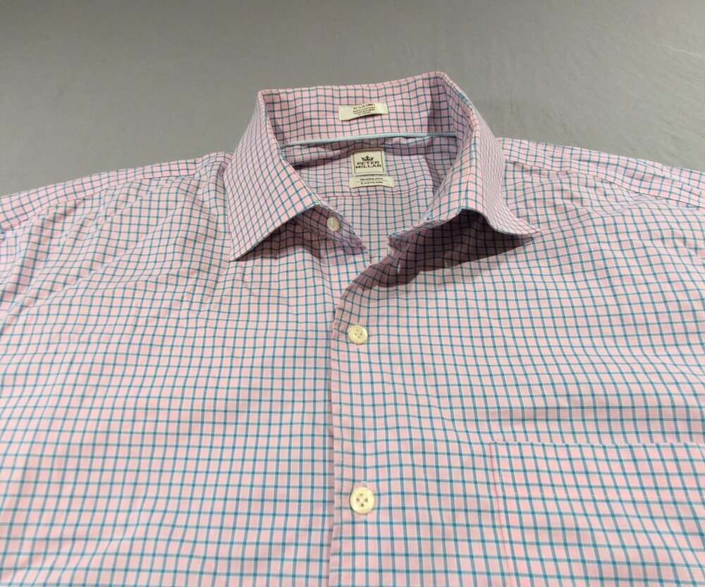 Peter Millar Nanoluxe Easycare Dress Shirt Size 17.5/Long Pink Plaid Cotton